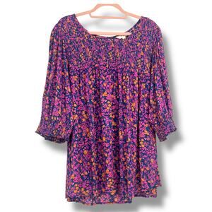 TERRA & SKY Smocked Front Blouse 3X (24W-26W) Ditzy Print Floral Preppy Coquette